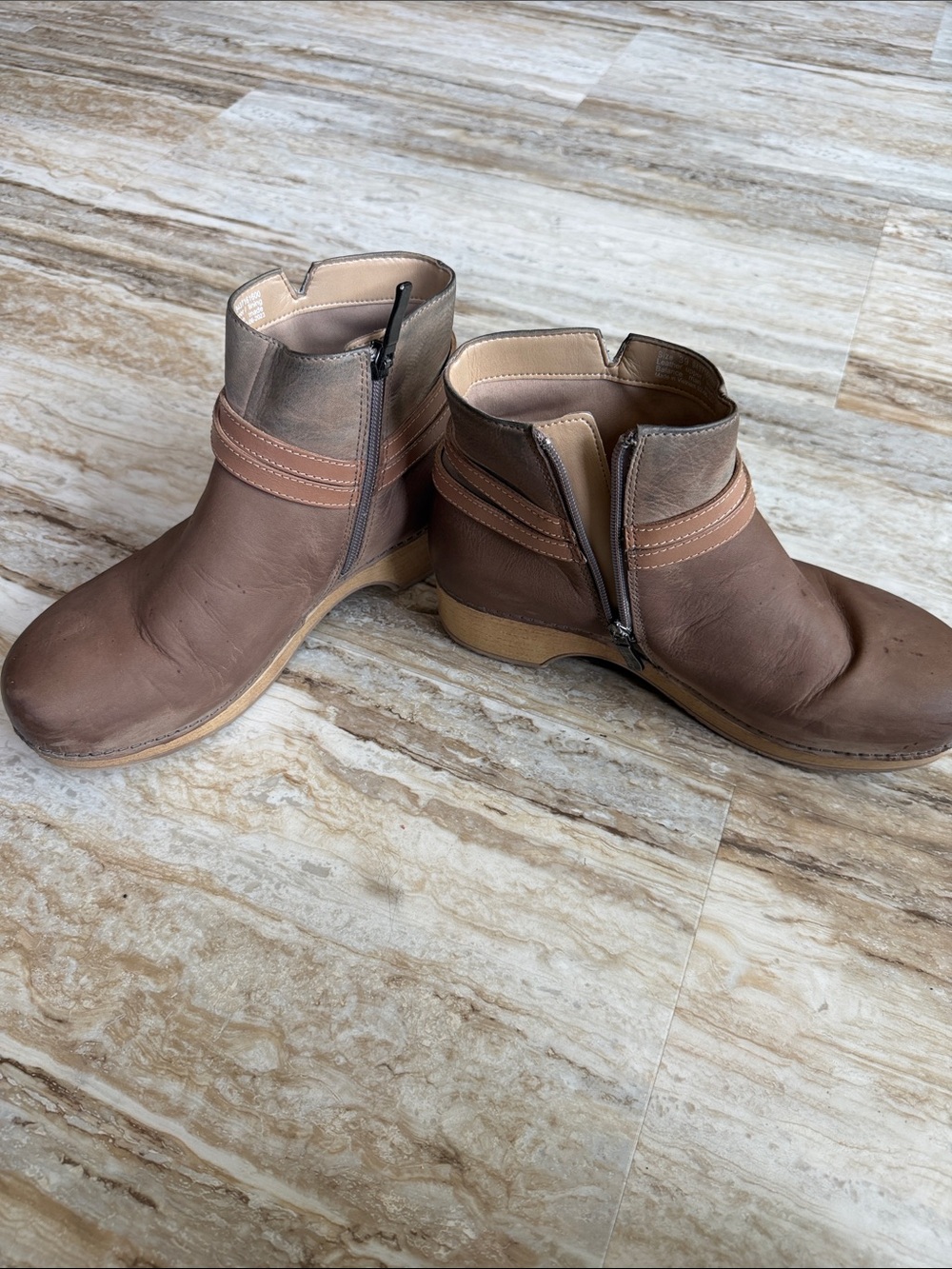 Dansko Brown Leather Ankle Booties with Tan Accent Strap